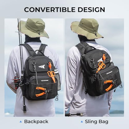 KastKing BaitSpace Fishing Sling Bag, Fishing Backpack with Rod & Beverage Holder, Tackle Bag for Fishing Gear - color: H: Black - with (2) 3600 tackle boxes, size: Large