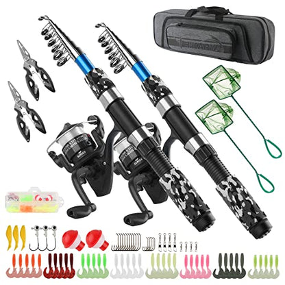 Fishing Rod Reel Combos Collapsible Fishing Rod Kit, 2PCS Telescopic Fishing Pole+2PCS Spinning Reels+Lures Hooks+Tackle Bag+Fishing Accessories Full Combo for Kids Youth - color: 2PCS 1.7M Black and Blue