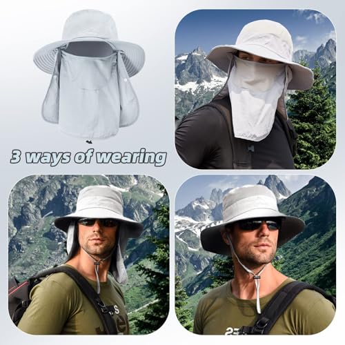 Fishing Hat for Men Sun Protection Hat with Removable Mesh Face Neck Flap Cover Windproof Strap for Men and Women - color: Light Gray