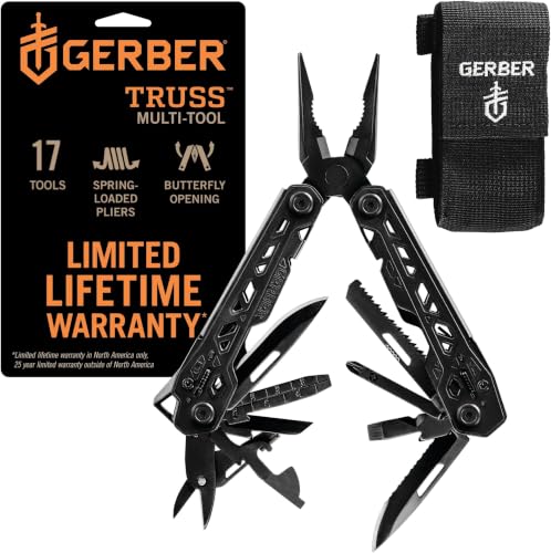 Gerber Gear Truss Multitool, Gifts for Men, 17-in-1 EDC Needle Nose Pliers, includes Pocket Knife, Screwdriver, and Bottle Opener Accessories, Fishing and Camping Gear, Black (Pack of 12) - style: Black Molle Sheath (Pack of 12)