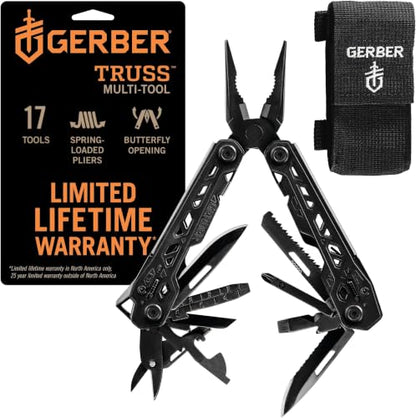Gerber Gear Truss Multitool, Gifts for Men, 17-in-1 EDC Needle Nose Pliers, includes Pocket Knife, Screwdriver, and Bottle Opener Accessories, Fishing and Camping Gear, Black (Pack of 12) - style: Black Molle Sheath (Pack of 12)