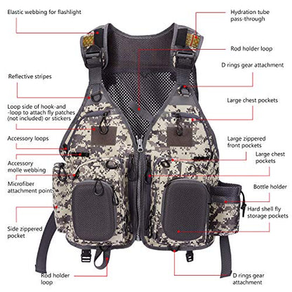 BASSDASH Strap Fishing Vest Adjustable for Men and Women, for Fly Bass Fishing and Outdoor Activities - color: F22 - Grey Camo