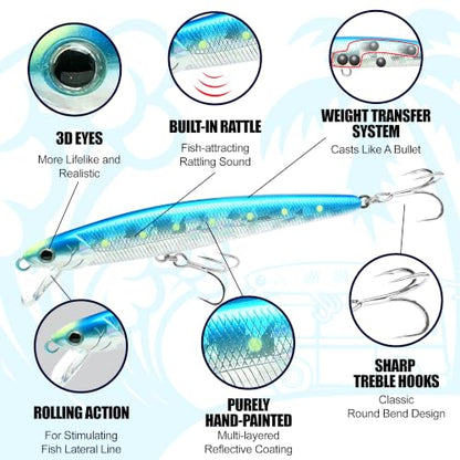 LUCKY CRAFT FlashMinnow 130MRS Saltwater Fishing Lures, Jerkbait for Halibut and Bass Fish, Slow Sinking 2-4ft, Surf Fishing Gear and Tackle Box Accessories - color: 653 Super Glow OB Sexy Smelt