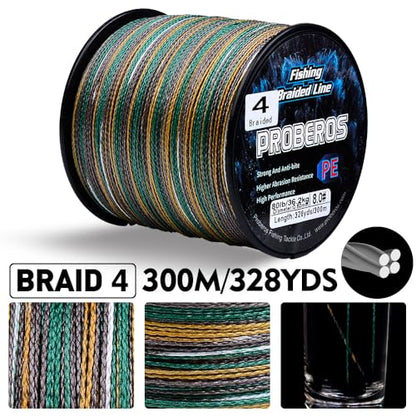 PROBEROS Braided Fishing Line - 4 Strands PE Fiber Fish Braid Lines - High Sensitivity Zero Stretch Strong Abrasion Resistant Superline - 500M/546YD 6LB-100LB - color: Green Camouflage, size: 10LB(547Yards) - 4 Strands