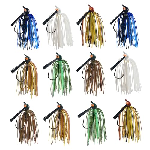 Bass Weedless Fishing Jigs Set, Bass Fishing Lures with Weed Guard Silicone Skirts Rubber Flipping Jigs Swim Jig Kit Skipping Jig for Bass Fishing - style: 12pcs