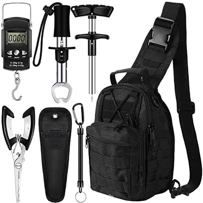 Hungdao 7 Pcs Fishing Backpack with Fishing Tool Kit Fish Gear Pliers Equipment Include Hook Remover Backpack Pliers Kit Scale Gripper Weigh Separator Fish Gifts for Men Women - color: Black