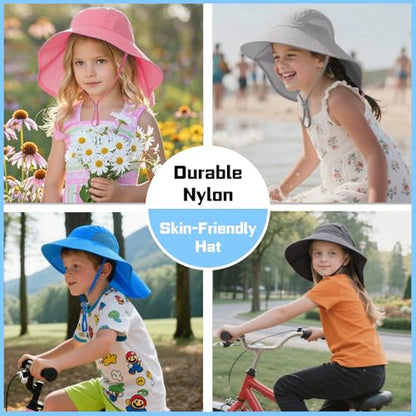 Rosoz Kids Sun Hat with Neck Flap UV Protection Summer Toddler Beach Hat Unisex Ponytail Hat Wide Brim Fishing Hat - color: 2pack-blue+dark Grey