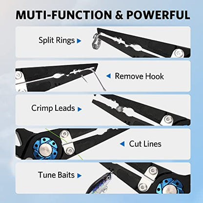 Saltwater Fishing Pliers, Split Ring Pliers for Fishing with Safety Lock, Fish Pliers with Sheath and Lanyard, Fishing Gifts for Men - color: C-black