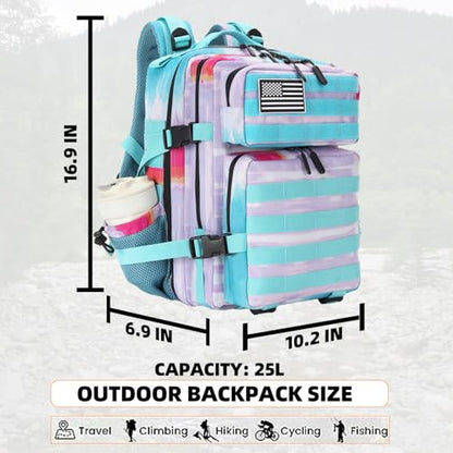 Lovelinks21 25L Tactical Military Backpack Small Travel Backpack for Men and Women Assault Pack Bug Out Bag Molle Daypack Gym Backpack with Bottle Holder (Rainbow Tie Dye) - color: Rainbow Tie Dye