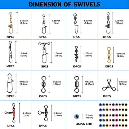 Fishing Swivels Kit 190pcs Fishing Accessories Tackle Ball Bearing Swivels, Rolling Barrel Swivel Snap, Three Way Crossline Swivel, Duo Lock Snap for Bass Trout Saltwater Freshwater Fishing Tackle