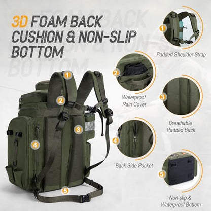 Goture Fishing Backpack with 4 Tackle Boxes, 900D Water-Resistant Tackle Backpack with Rod Holders,Insulated Cooler Compartment, 55L Large Capacity Fishing Gear Storage Bag for Saltwater & Freshwater - color: A3:green(4 Tackle Boxes Included)