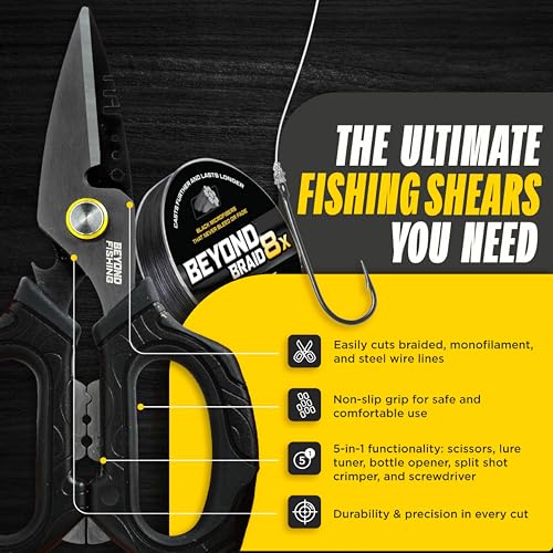 Beyond Fishing 6.5" Pro Fishing Shears Dual Serrated Blades, Fishing Braided Line Scissors with Titanium Coating, Non-Slip Grip & Multifunction Tool, Includes Hard Molded Locking Sheath - color: Omnipro - Black