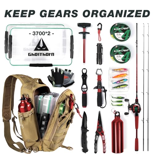 Ghosthorn Fishing Backpack with Tackle Boxes Fish Lip Gripper Pliers Lures Waterproof Tackle Bag with Rod Holder Fishing Gear - color: Khaki, size: Large