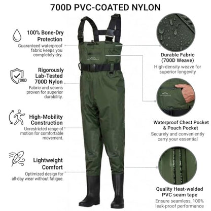 Savvycraft Chest Fishing Waders with Boots 700D Waterproof for Men & Women - size: M07/W09