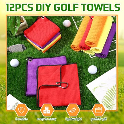 Batiyeer 12 Pcs Golf Towel Bulk for Golf Bags Microfiber Fabric Towel with Clip Waffle Pattern, Fitness, Camping, Hiking, Yoga - color: Red, Yellow, Orange, Purple