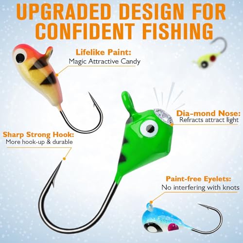 Dovesun Ice Fishing Jigs Kit Glow in The Dark Fishing Gear Lures 35 Pcs Ice Jig Head with Tackle Box for Panfish Walleye Crappie Perch Bluegil Trout
