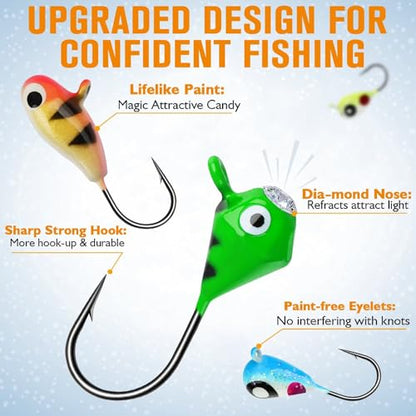 Dovesun Ice Fishing Jigs Kit Glow in The Dark Fishing Gear Lures 35 Pcs Ice Jig Head with Tackle Box for Panfish Walleye Crappie Perch Bluegil Trout