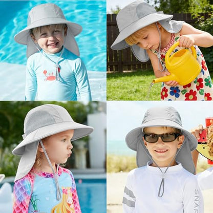 Outdoor Kids Sun Hats with Neck Flap Boys Girls Wide Brim UPF 50+ UV Protection Children Bucket Hat Safari Hat - color: 1pack-lightgrey