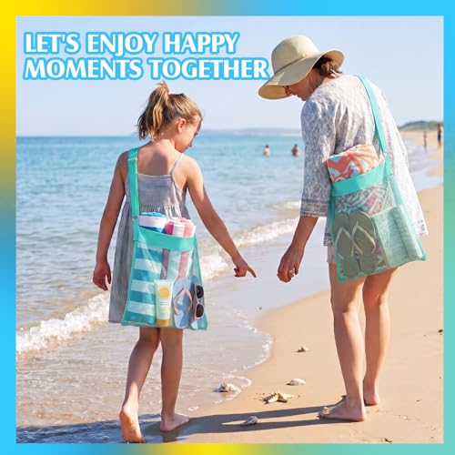 VioraWhite 2 Pcs Extra Large 14 x 16inch Clam Mesh Chum Beach Bags for Seashells Clams Treasures Sand Away Foldable Shell Collection Bags with Adjustable Straps (Aqua) - color: Aqua