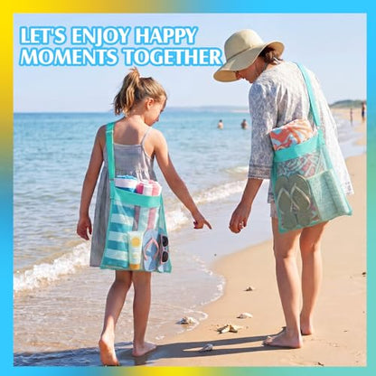 VioraWhite 2 Pcs Extra Large 14 x 16inch Clam Mesh Chum Beach Bags for Seashells Clams Treasures Sand Away Foldable Shell Collection Bags with Adjustable Straps (Aqua) - color: Aqua