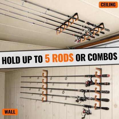 PLUSINNO H5P Fishing Rod Holder, Wall & Ceiling Mount Fishing Pole Holders for Garage, Fishing Rod Rack Holds 5/10/20 Rods, Combos & Fishing Nets - color: 4 Pack hold up 20 rods