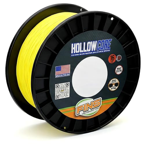 FINS Hollow Core Braided Fishing Line – USA Made, 16-Strand Spliceable Bluewater Braid, Knotless Leader Connections, Greater Reel Capacity, Superior Strength for All Offshore Saltwater Fishing - color: Yellow, size: 300 Yards