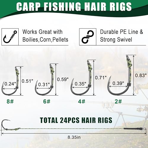 Carp Fishing Hair Rigs Kit, Carp Hook Rig Swivel Braided Thread Line with Corns Boilie Bait Stopper Stringer Needle Tool Accessories - style: 24pcs Pre-tied Carp Rigs (#2,#4,#6,#8)