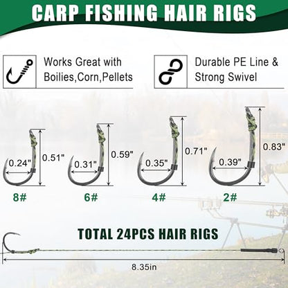 Carp Fishing Hair Rigs Kit, Carp Hook Rig Swivel Braided Thread Line with Corns Boilie Bait Stopper Stringer Needle Tool Accessories - style: 24pcs Pre-tied Carp Rigs (#2,#4,#6,#8)