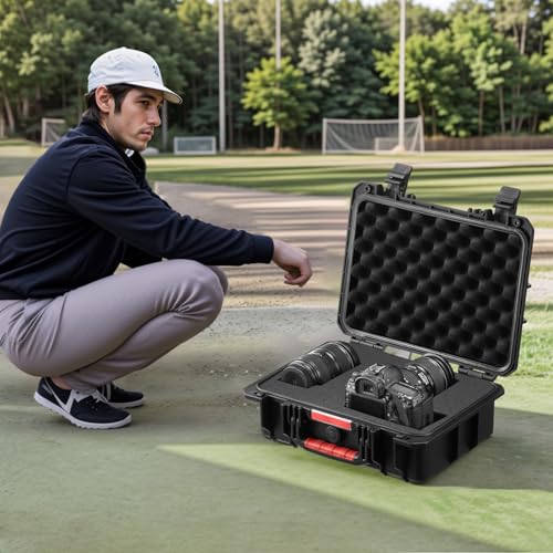 VEVOR Weatherproof Hard Case, Heavy Duty Protective Dry Box with Pre-cut Foam, Retractable Pull Handles for Travel, Hunting, Military, Tactical, IP67 Waterproof Case for Cameras(14.96x11.81x5.51) - size: 14.96 x 11.81 x 5.51 in