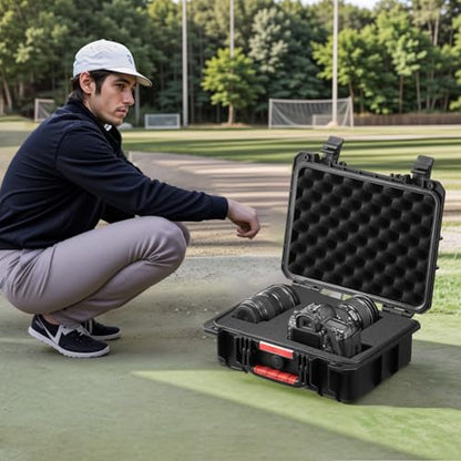 VEVOR Weatherproof Hard Case, Heavy Duty Protective Dry Box with Pre-cut Foam, Retractable Pull Handles for Travel, Hunting, Military, Tactical, IP67 Waterproof Case for Cameras(14.96x11.81x5.51) - size: 14.96 x 11.81 x 5.51 in