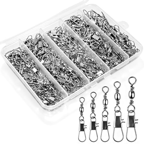 200PCS Ball Bearing Barrel Snap Swivels, Heavy Duty Fishing Swivels with Safety Snap, Anti-Tangle Fishing Tackle Connectors for Freshwater Saltwater Lures Hooks