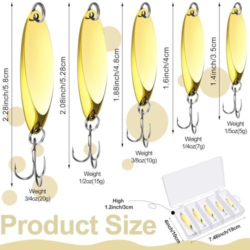HESTYA Fishing Lures Spoons Saltwater Treble Trout Lures Hard Metal Spinner Baits 5 Sizes Casting Spoon Hooks for Salmon Bass in 1/5 1/4 3/8 1/2 3/4 oz - color: Gold