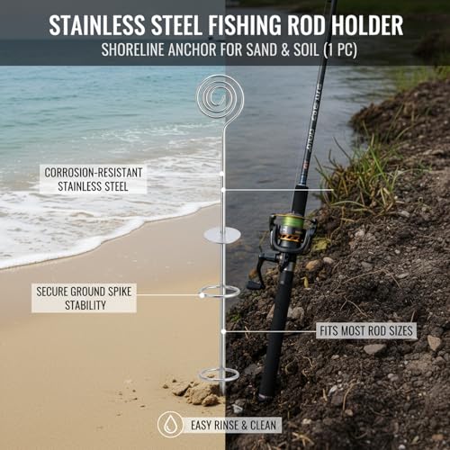 Stainless Steel Fishing Rod Holder with Ground Spike for Sand and Soil, Shoreline Anchor Support (Silver)