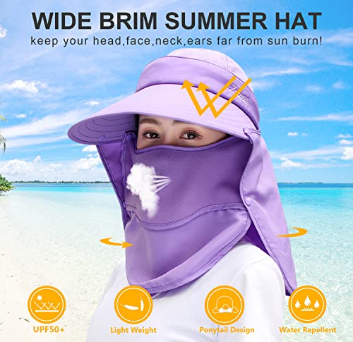 Women Wide Brim Face Mask Sun Hat Detachable Neck Face Flap Ponytail UV Protection Visor Hat Garden Fishing Hiking - color: A5-shun005-purple