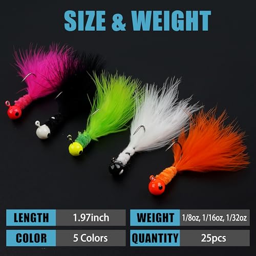 Fishing Jig Heads Crappie Jigs, 25pcs Marabou Jigs Lures Round Ball Head Jig Hooks Hair Jig Feather Fishing Lures for Bass Sunfish Trout Walleye Panfish 1/8oz 1/16oz 1/32oz - size: 1/8oz-25pcs