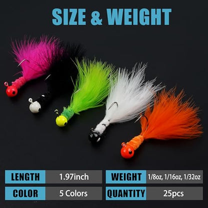 Fishing Jig Heads Crappie Jigs, 25pcs Marabou Jigs Lures Round Ball Head Jig Hooks Hair Jig Feather Fishing Lures for Bass Sunfish Trout Walleye Panfish 1/8oz 1/16oz 1/32oz - size: 1/32oz-25pcs
