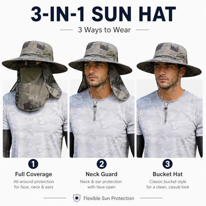 Sun Hat Unisex Face Coverage Shield Neck Flap Cap Garden Lawn Work Sports Hiking Fishing Hats - color: Army Green Ink Wash