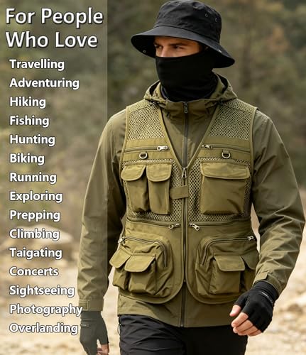 HUNTURE Fishing Vest,Pocket Vest and Hat Gloves Neck Gaiter Set for Men,Lightweight Utility Outerwear Vest - color: Khaki, size: XX-Large