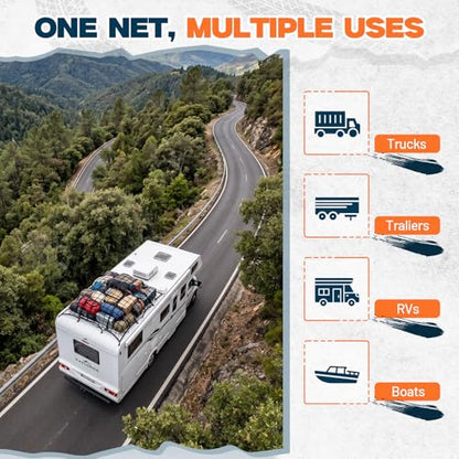 4' x 6' Cargo Net (Stretches to 8'x12') with 12 Metal Carabiners | 4" x 4" Mesh, Bungee Truck Bed Net, Large Items Organizer Accessory for Pickup Trucks, RVs, and Cargo Storage