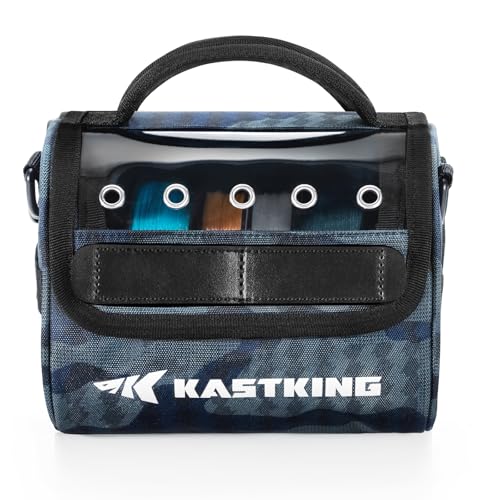 KastKing BaitSpace Line Management Bag, Fishing Line Storage Bag with Water Resistant Nylon, Clear View Window, Removable Divider, Tangle-free Leader Line Holder - color: B: Blue Camo-Medium