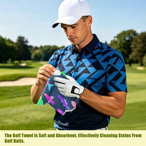 Fish 2 Pack Waffle Pattern Golf Towels, 17.7"x17.7" Square Golf Towel with Carabiner Clip and Magnetic Snap for Cleaning Golf Ball, Club