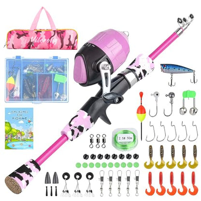Milerong Kids Fishing Rod, Kids Fishing Pole Portable Telescopic Fishing Rod and Reel Combo Kit for Boys, Girls, Youth - with Spincast Fishing Reel, Fishing Tackles, Fishing Lures, Fishing Lines - color: Pink Fishing Rod Set 1.2m