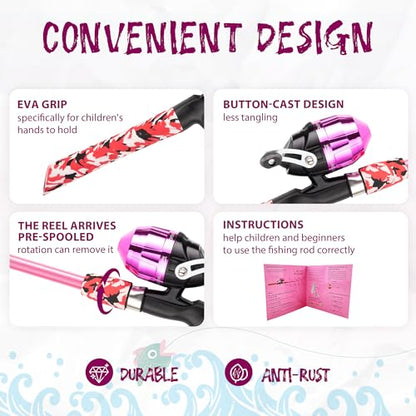 WIDDEN Kids Fishing Pole, Portable Telescopic Kids Fishing Poles for Boys and Girls, Fishing Rod and Reel Combo Kit with Tackle Box, and Fishing Net, Best Fishing Pole for Toddler Youth - color: PINK