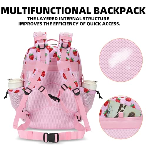 Lovelinks21 25L Tactical Military Backpack Small Travel Rucksack for Men and Women Assault Pack Bug Out Bag Molle Daypack Gym Backpack with Bottle Holder (Strawberry) - color: Strawberry