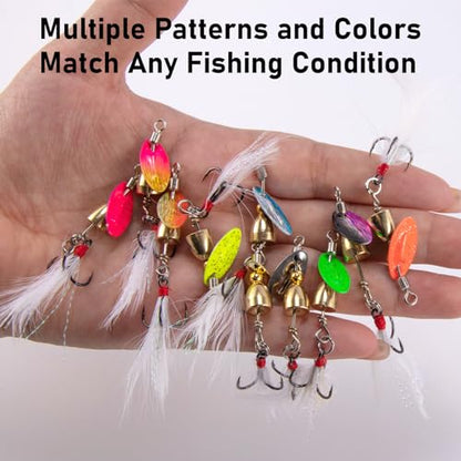 Dr.Fish 10 Pack Fishing Spinner Inline Spinner Lures Single Hook Trout Spinnerbait Lures Kits Bass Crappie Salmon Panfish Walleye Freshwater Stream - color: Feathered Treble Hook Kit, size: 1/8oz-#10