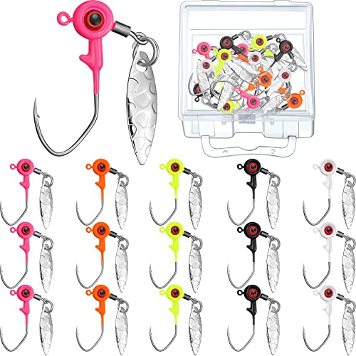 Skylety 15 Pcs Fishing Jig Heads Kit Fishing Lures Crappie Jig Road Heads Hook with Spinner Plastic Box for Freshwater Runner Bass - size: 1/16 oz