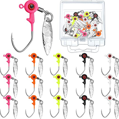 Skylety 15 Pcs Fishing Jig Heads Kit Fishing Lures Crappie Jig Road Heads Hook with Spinner Plastic Box for Freshwater Runner Bass - size: 1/16 oz