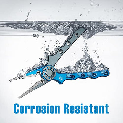 Piscifun Saltwater Fishing Pliers, Aluminum, Split Ring, Braid Cutter | Hook remover, tungsten carbide blade, spring-loaded jaws, ergonomic grip, sheath and lanyard - color: Blue, style: Rubber Sheath