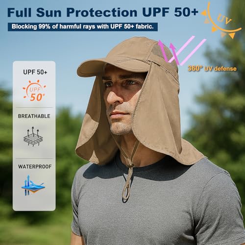 Surblue Neck Face Flap Outdoor Cap UV Protection Sun Hats Fishing Hat Quick-Drying UPF50+ - color: Khaki, size: Medium