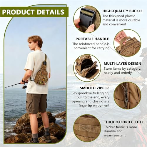 Fishing Backpack Small Fishing Tackle Storage Bag with 3 Methods of Carrying Large Capacity Sling Backpack for Outdoor Hiking Travel Hunting (Khaki) - color: Khaki